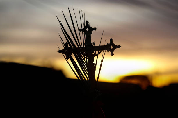 Holy Week. Processional cross and branches in beautiful sunset scenery. Traditional Catholic celebration Palm Sunday. Christian faith. Religious symbol