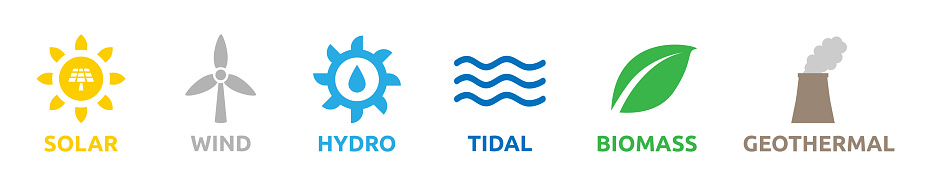 Renewable or clean energy icons. Solar, wind, hydro, tidal, biomass and geothermal. Transparent background. Isolated on a white layer.