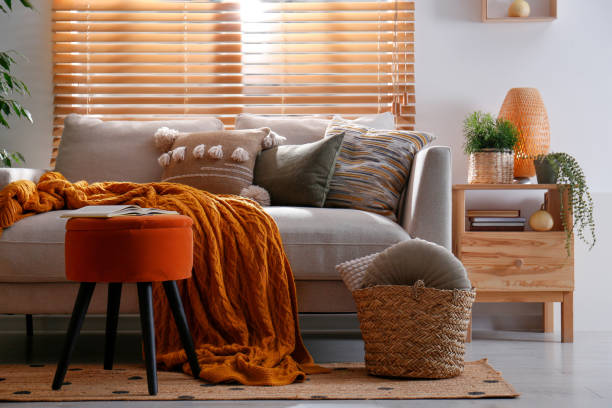 intérieur élégant salon avec un canapé confortable et ottoman - photography decor blinds home interior photos et images de collection