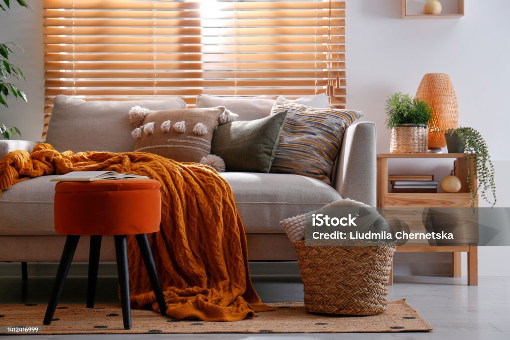 Stylish living room interior with comfortable sofa and ottoman Living Room Stock Photo