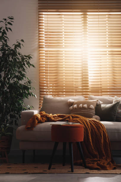 istock Stylish living room interior with comfortable sofa and ottoman 1412417025