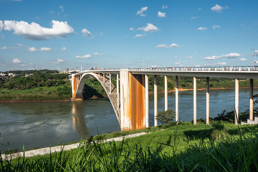 Friendship Bridge (Portuguese: Ponte da Amizade ) over the Parana river, connecting Foz do Iguacu, Brazil, to Ciudad del Este in Paraguay.