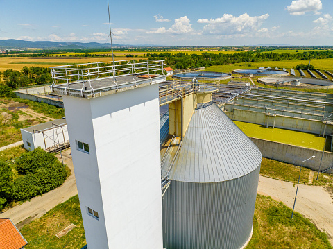 Bioreactor for biogas in sewage treatment plant, Stara Zagora, Bulagaria. The photo is taken with DJI quadcopter Mavic III