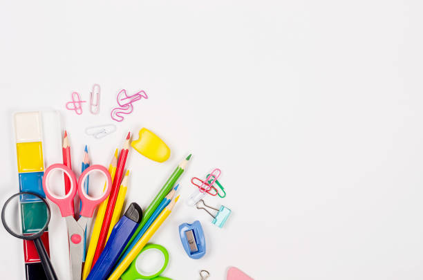 istock Flat lay composition with colorful school supplies on white background. 1412422399