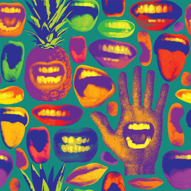 seamless pattern with pineapples, human mouths and palm hand vector art illustration