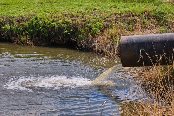 istock Draining sewage from pipe into river, pollution rivers and ecology. 1412422903