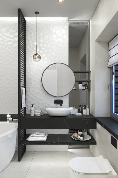 ide desain kamar mandi utama, render 3d - bathroom mirror potret stok, foto, & gambar bebas royalti
