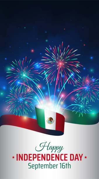 16. september, mexikos unabhängigkeitstag, vektorvorlage mit mexikanischer flagge und buntem feuerwerk auf blauem nachthimmelhintergrund. mexiko nationalfeiertag 16. september. karte zum unabhängigkeitstag - independence stock-grafiken, -clipart, -cartoons und -symbole