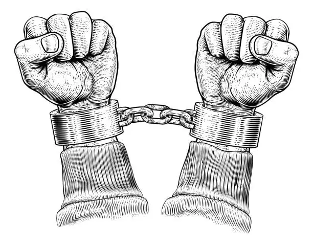 Vector illustration of Prisoner Shackles Chained Hands Vintage Woodcut