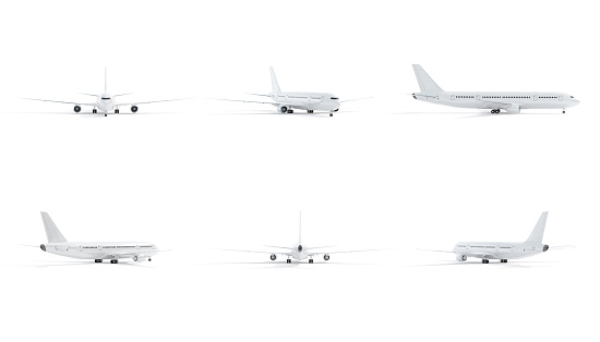 Blank white airplane mockup, rotation angles of all sides, 3d rendering. Empty 180 and 360 rotating plane or boeing mock up, isolated. Clear aeroplane nose and wing, different angle template.
