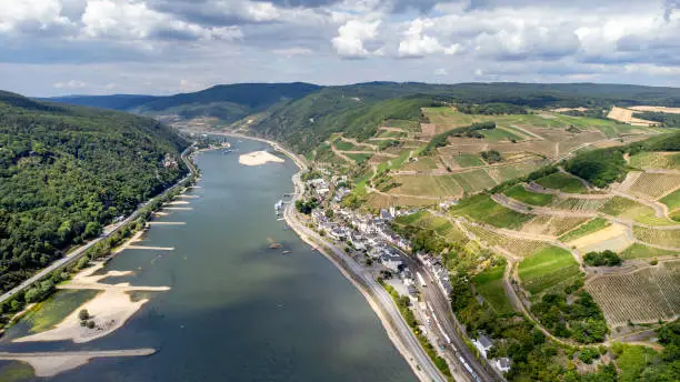 Panoramic aerial view over River Rhine and Assmannshausen, Germany - many sand banks and very low water level after a long period of drought.