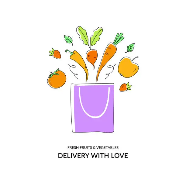 Vector illustration of A set of fruits and vegetables delivered with love. Grocery store, supermarket, fresh food, home delivery, ordering. Vector illustration for poster, banner, flyer, advertisement, promo, website.