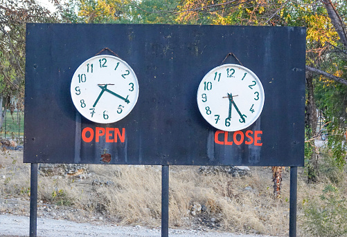 Sunrise and Sunset Clocks indicate the opening and closing times at Etosha National Park in Kunene Region, Namibia