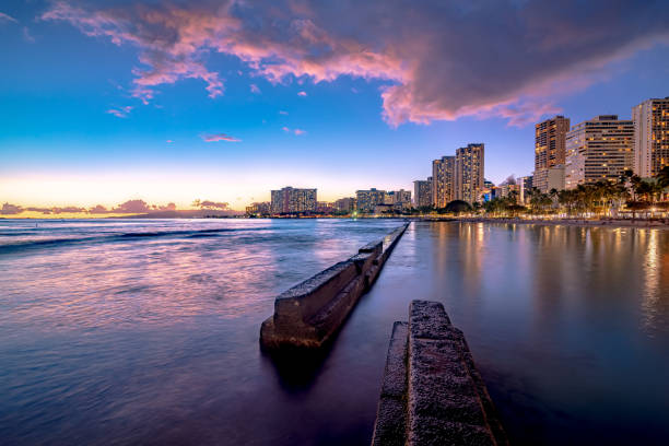 Famous Waikiki Beach summer sunset, O'ahu, Hawaii