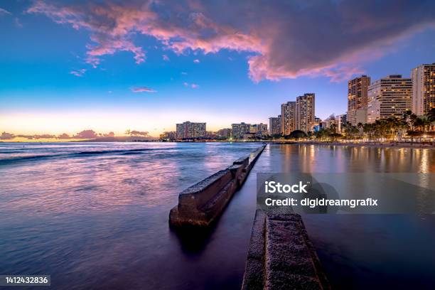 Famous Waikiki Beach Summer Sunset Oahu Hawaii Stock Photo - Download Image Now - Oahu, Honolulu, Sunset