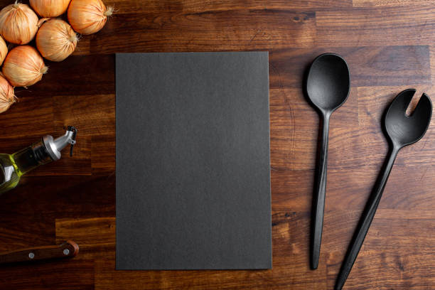Hipster cafe menu empty mock up for concept design. Business concept. Template design. Information concept with kitchen objects on wooden table top view
