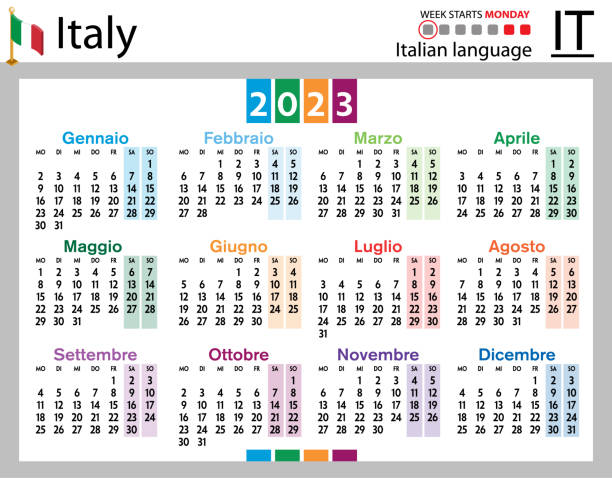Italian horizontal pocket calendar for 2023. Week starts Monday Italian horizontal pocket calendar for 2023 (two thousand twenty three). Week starts Monday. New year. Color simple design. Vector italian language stock illustrations