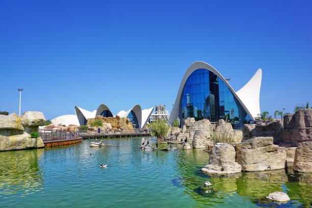 Valencia, Spain- December 28, 2019: Exterior view of the oceanografic aquarium with the city in the background.