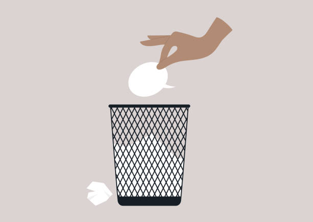 illustrazioni stock, clip art, cartoni animati e icone di tendenza di una mano che lancia un fumetto in un bidone della spazzatura, un concetto di censura - garbage can