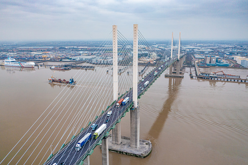Aerial photo from a drone of The Queen Elizabeth Bridge II, spanning from Thurrock in Essex to Dartford in Kent.