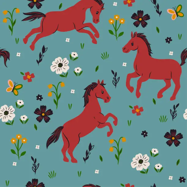 Vector illustration of Seamless pattern of horses and flowers. Vector graphics.
