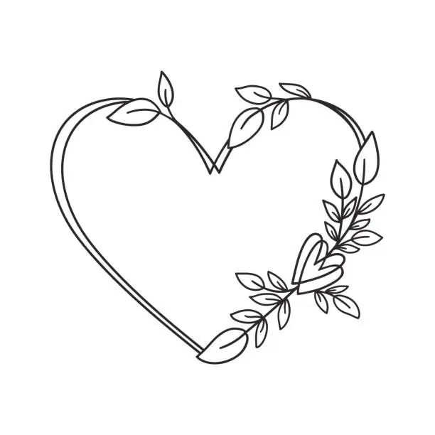 Vector illustration of Hand drawn floral wreath with heart and leaves.