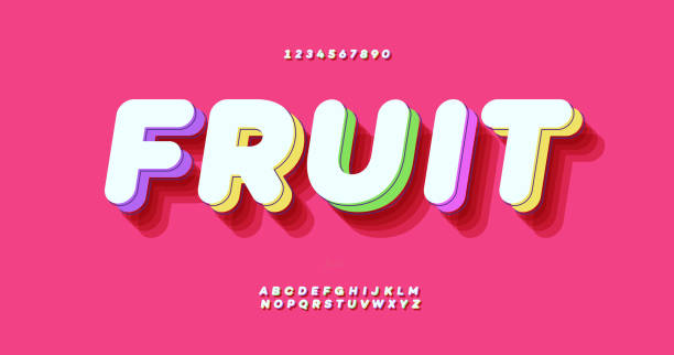Fresh fruit 3d bold colorful style modern typography Fresh fruit 3d bold colorful style modern typography for decoration, logo, poster, t shirt, book, card, sale banner, printing on fabric, industrial. Cool typeface. Trendy alphabet. 10 eps mango jam stock illustrations