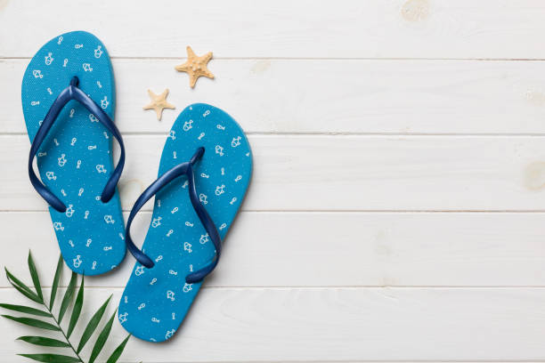 istock Flat lay composition with flip flops and seashell on colored background. Space for text top view 1412439696