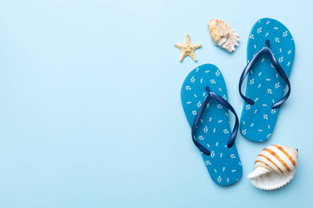 istock Flat lay composition with flip flops and seashell on colored background. Space for text top view 1412439699