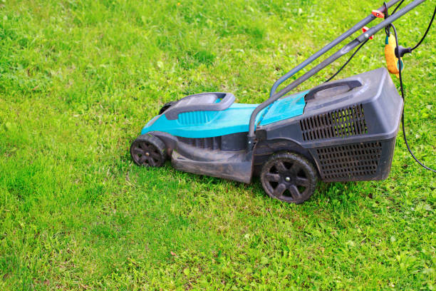 istock electric lawn mower on green lawn 1412441411