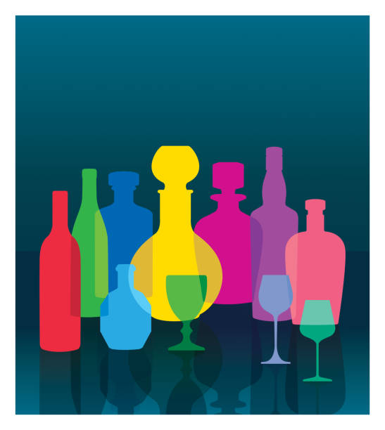 illustrations, cliparts, dessins animés et icônes de silhouettes de bouteilles transparentes colorées - tequila spiritueux