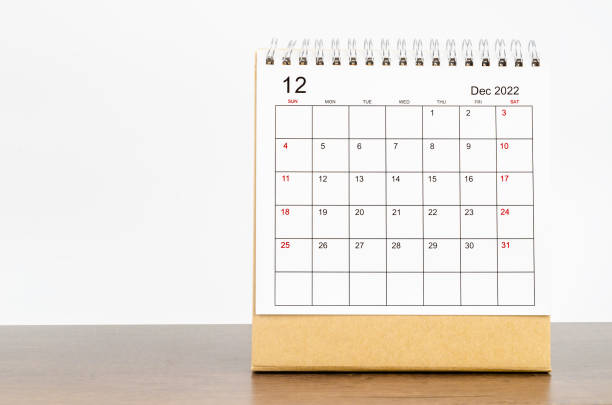 The December 2022 desk calendar with plant on wooden table. stock photo