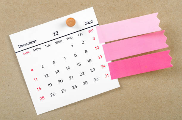 istock The December 2022 calendar with blank adhesive note paper on brown background. 1412444615