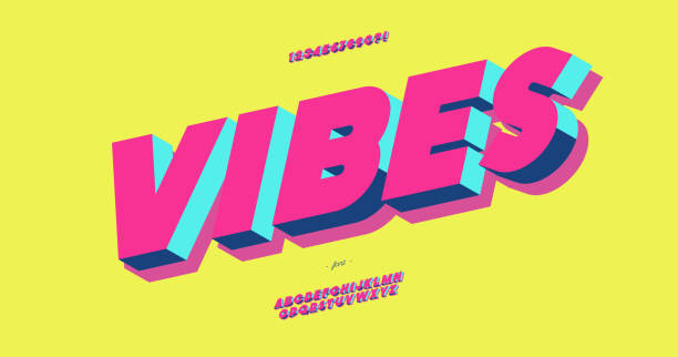 Vibes 3d bold typeface colorful style Vibes 3d bold typeface colorful style trendy typography for decoration, logo, party poster, t shirt, book, card, sale banner, printing on fabric, stamp. Cool alphabet. Modern font. Vector 10 eps cool logo stock illustrations