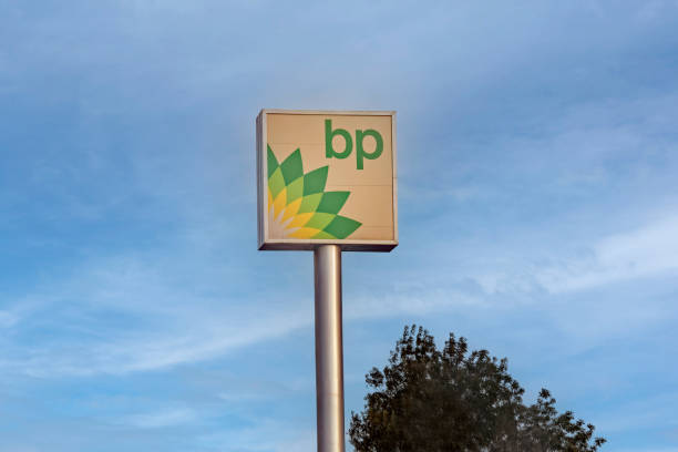 Kirklareli / Turkey - Aug, 30, 2021: Lighted Sign Board with Large British Petroleum, BP Logo attached to a poll in the highway gas station.