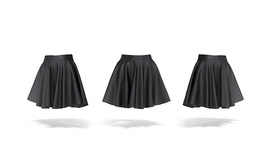 Blank black women mini skirt mockup, front and side view, 3d rendering. Empty casual chiffon asymmetric miniskirt mock up, isolated. Clear elegant circle gown for lady outfit template.