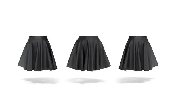 Blank black women mini skirt mockup, front and side view, 3d rendering. Empty casual chiffon asymmetric miniskirt mock up, isolated. Clear elegant circle gown for lady outfit template.