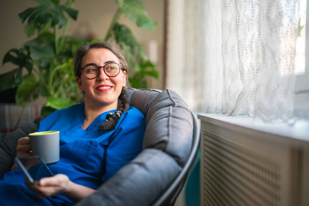 Healthcare worker relaxing at home