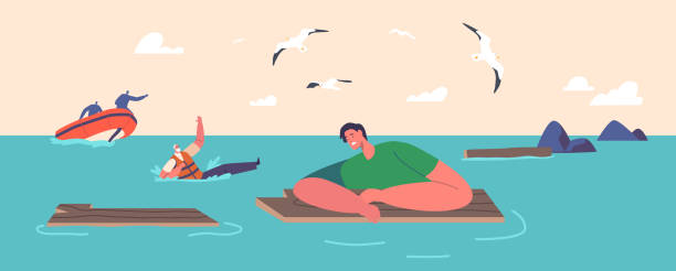 Exhausted People Swimming in Sea after Shipwreck. Man Trying to Survive in Ocean Floating on Wooden Plank Exhausted People Swimming in Sea after Shipwreck. Man Trying to Survive in Ocean Floating on Wooden Plank. Characters Floating on Water Surface after Accident, Catastrophe. Cartoon Vector Illustration sinking boat stock illustrations