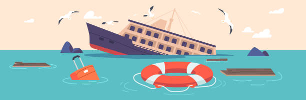 Shipwreck Accident, Catastrophe Concept. Sunken Cruise Ship In Ocean, Old Passenger Liner Sinking In Sea With Dedris Shipwreck Accident, Catastrophe Concept. Sunken Cruise Ship In Ocean, Old Passenger Liner Sinking In Sea With Debris, Wooden Planks And Lifebuoy Floating On Water Surface. Cartoon Vector Illustration sinking boat stock illustrations
