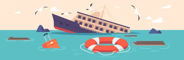 Vector illustration of Shipwreck Accident, Catastrophe Concept. Sunken Cruise Ship In Ocean, Old Passenger Liner Sinking In Sea With Dedris