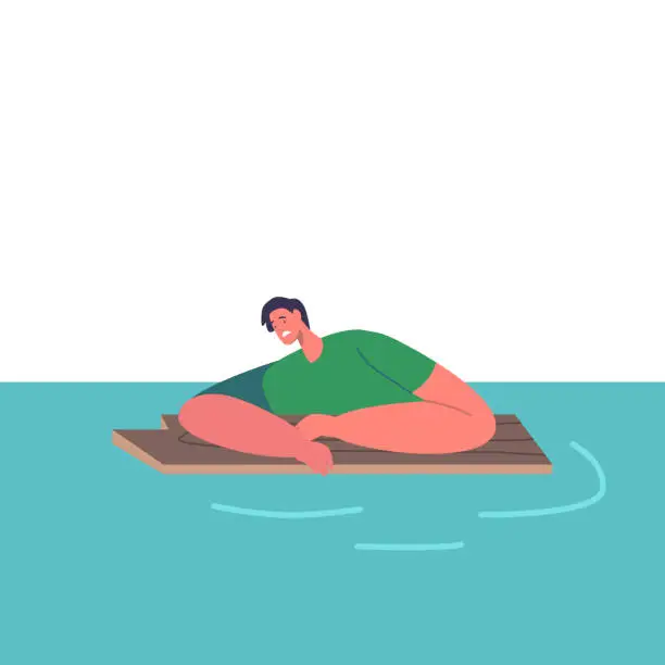 Vector illustration of Exhausted Male Character Swimming in Sea after Shipwreck. Man Trying to Survive in Ocean Floating on Wooden Plank