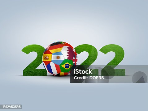 istock Football soccer ball with team national flags. 1412453545