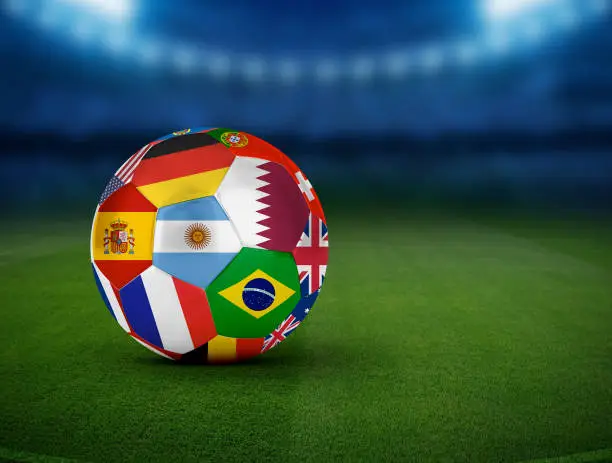 Football soccer ball with team national flags. World football team flag on 3d ball.