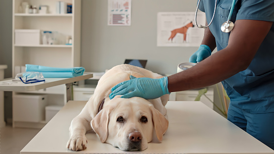 White Dog Being Examined by Veterinarian.