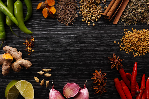 Herbs and Spices on dark background with copy space central