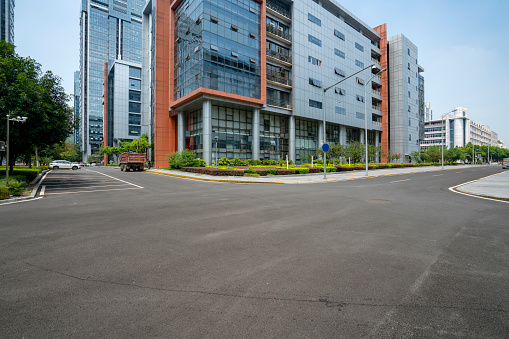 Commercial center roads and office buildings