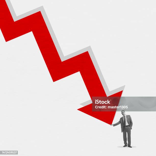 Young Man Near Huge Red Arrow As Indicator Of Fall In The Exchange Rate ...