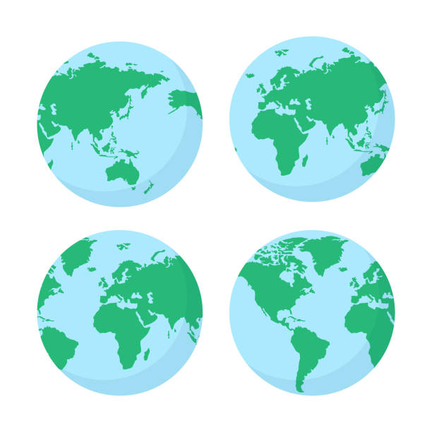 ilustraciones, imágenes clip art, dibujos animados e iconos de stock de conjunto de globos terrestres de colores con continentes aislados sobre fondo blanco. ilustración vectorial. - planeta