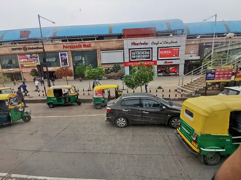 New Delhi, India- August 3, 2019- Parsvnath Mall and the Akshardham Metro Station in Akshardham.
